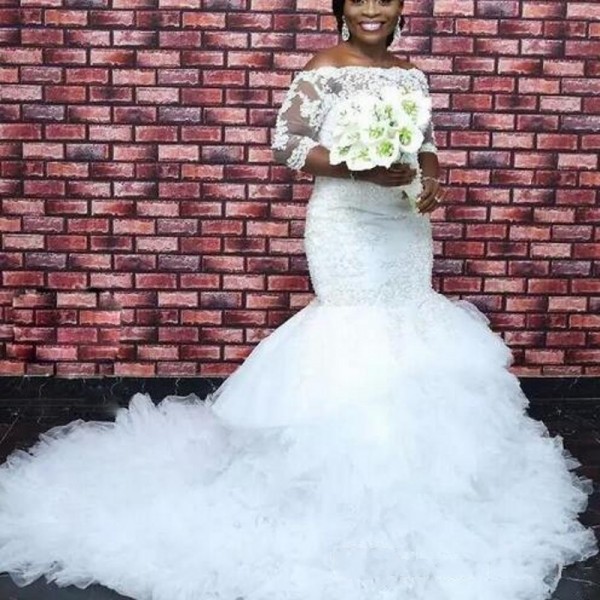 African Plus Size Wedding Dress Mermaid with Lace Bodice Off Shoulder Half Length Sleeves Trumpet Ruffles Skirt White Bridal Gowns