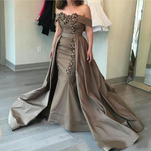 Elegant Gray Mermaid With Over Skirt Formal Evening Dresses Sweetheart Off the Shoulder Satin Celebrity Dress Court Train Red Carpet Dress