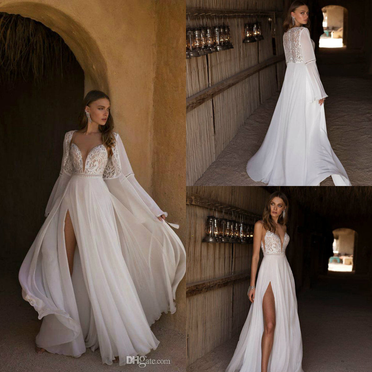 2019 Asaf Dadush Bohemian Wedding Dresses Backless Chiffon Sexy Side Split Spaghetti Beach Wedding Gowns Custom Made Plus Size Bridal Dress