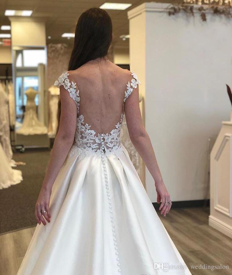2019 Elegant Satin Beach Wedding Dresses Lace Appliqued Jewel A Line Boho Wedding Dress Sweep Train Vestidos De Novia Country Bridal Gowns