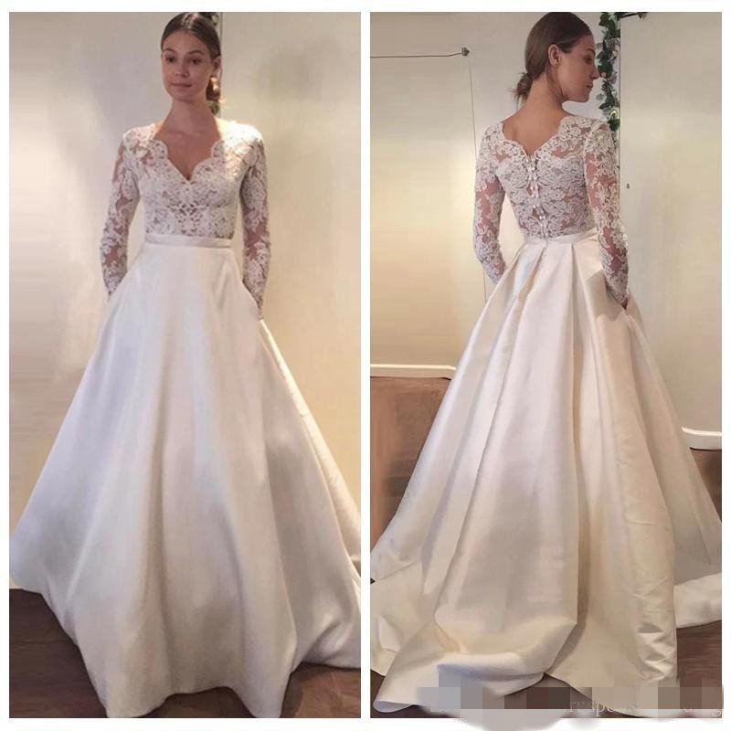 2020 Newest Long Sleeves A-e Dresses Scalloped V Neck Lace Applique Satin Ribbon Custom Made Wedding Gown Vestido De Novia