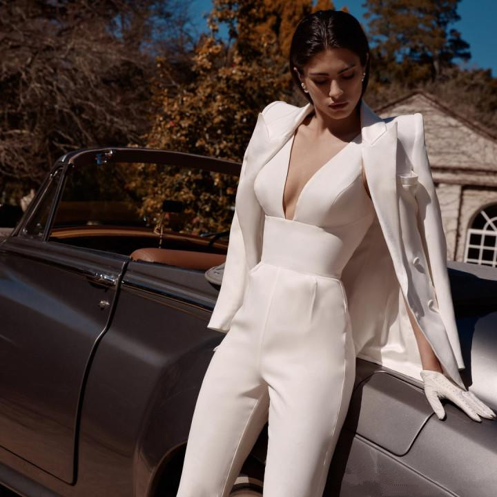 Elegant 2020 Satin Jumpsuits Prom Dresses With Jacket Sexy V Neck Arabic Formal Dress Long Evening Gowns Robe De Soiree