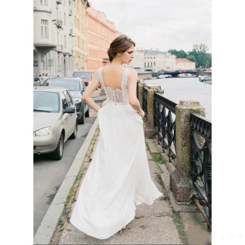 Elegant Lace A Line Wedding Dress Simple Sleeveless Covered Button Backless Floor Length Chiffon Bridal Dress
