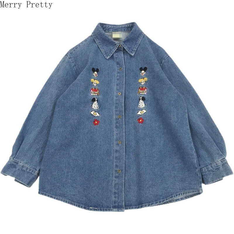 Women Cartoon Embroidery Denim Shirt Blouse 2020 Spring Casual Turndown Collar Long Sleeve Cotton Shirt Fashion Sweet Style Tops, Blue
Women Cartoon Embroidery Denim Shirt Blouse 2020 Spring Casual Turndown Collar Long Sleeve Cotton Shirt Fashion Sweet Style Tops, Blue