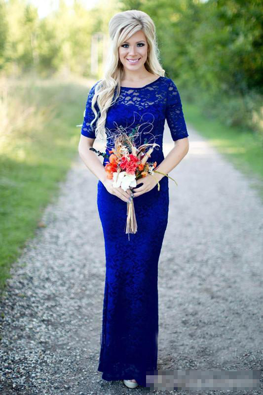 Royal Blue 2019 Lace Mermaid Bridesmaid Dresses With Short Sleeves Scoop Neck Floor Length Backless Maid Of Honor Gown For Country Wedding