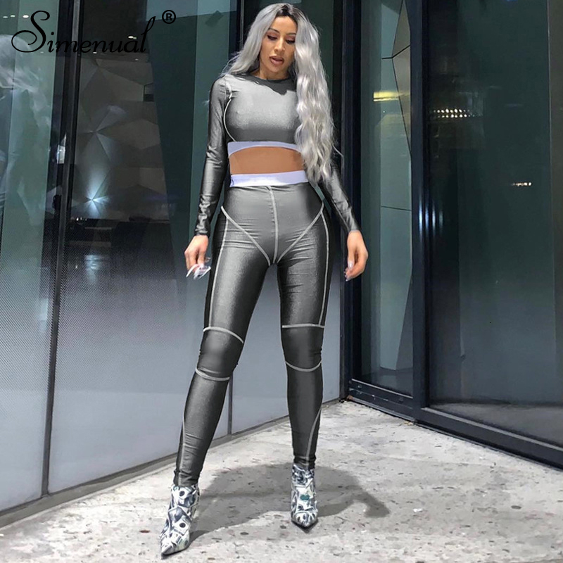 Simenual Fitness Sporty Active Wear Tracksuits Women Casual Fashion Workout 2 Piece Sets Skinny Long Sleeve Top And Leggings Set V191021