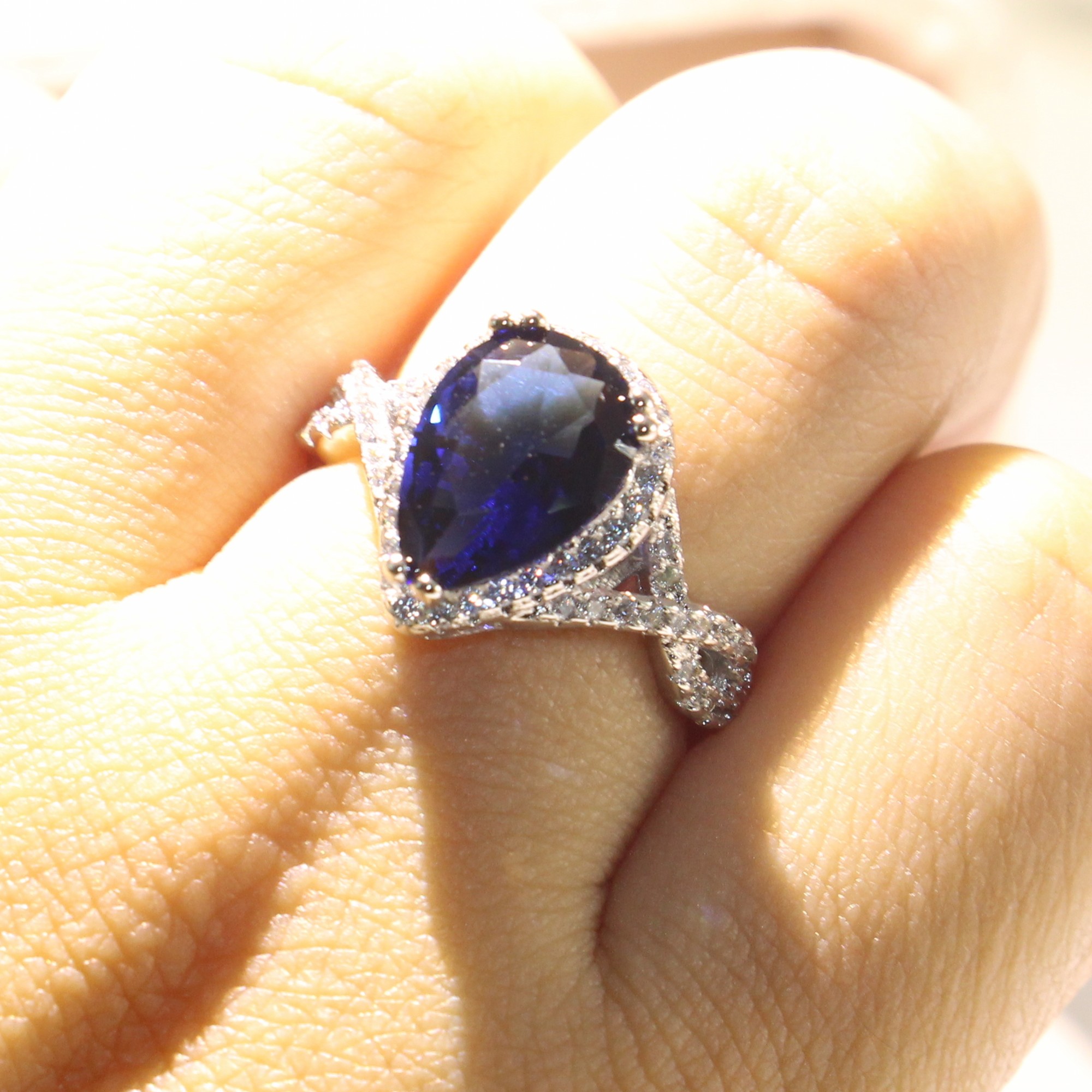 Size 5-10 Luxury Jewelry 925 Sterling Silver Pear Cut Blue Sapphire CZ Diamond Gemstones Party Promise Women Wedding Bridal Ring Gift
