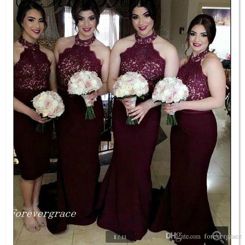 2019 Vintage Burgundy Country Style Bridesmaid Dress Halter Garden Formal Wedding Party Guest Maid of Honor Gown Plus Size Custom Made