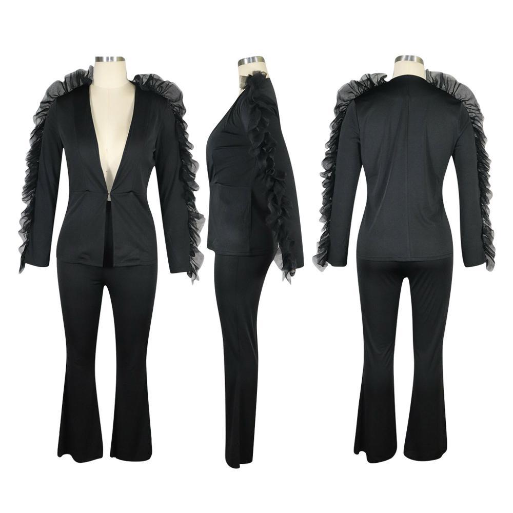 Solid Mesh Ruffle Fashion Two Piece Set: Blazer & Wide Leg Pants B4