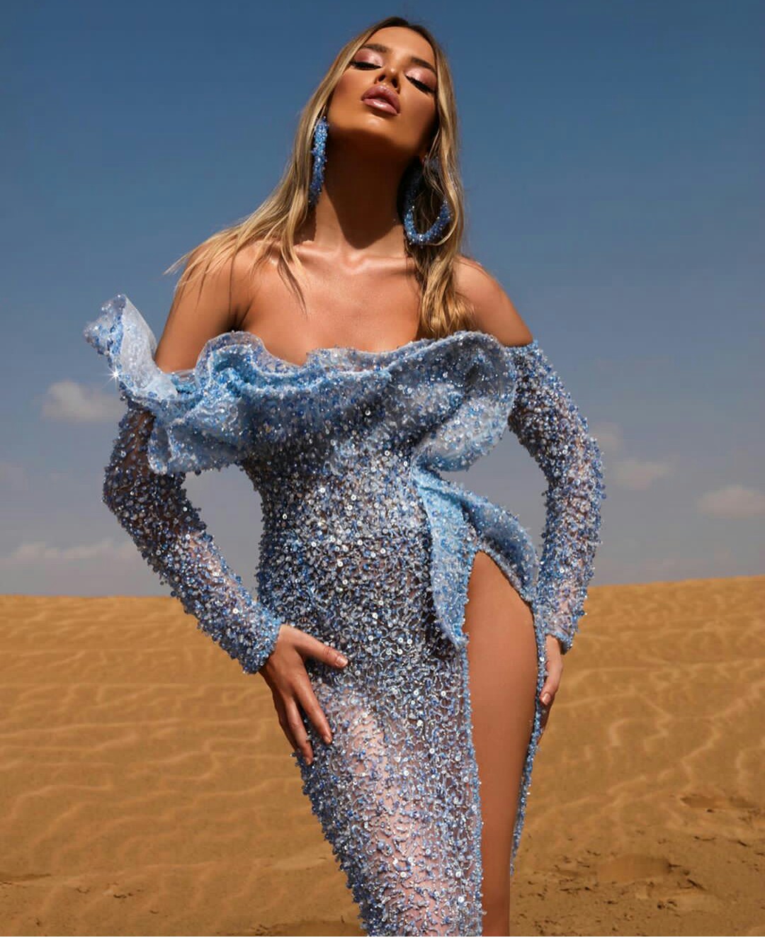 See Through Light Blue Evening Dresses Long Sleeves Ruffles Off Shoulder Beaded Prom Gowns Runway Fashion High Split Celebrity Dress