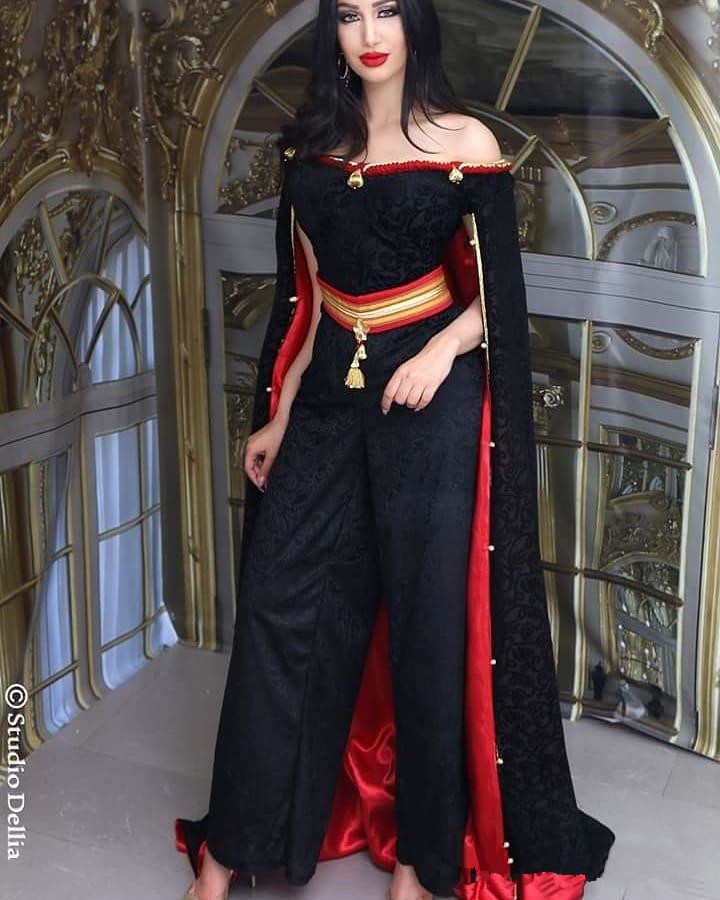 Red Black prom Formal Dresses with cape 2020 arabic Jumpsuits Dress Evening Wear Middle East Dubai Abaya Kaftan Kleider robes de soirée