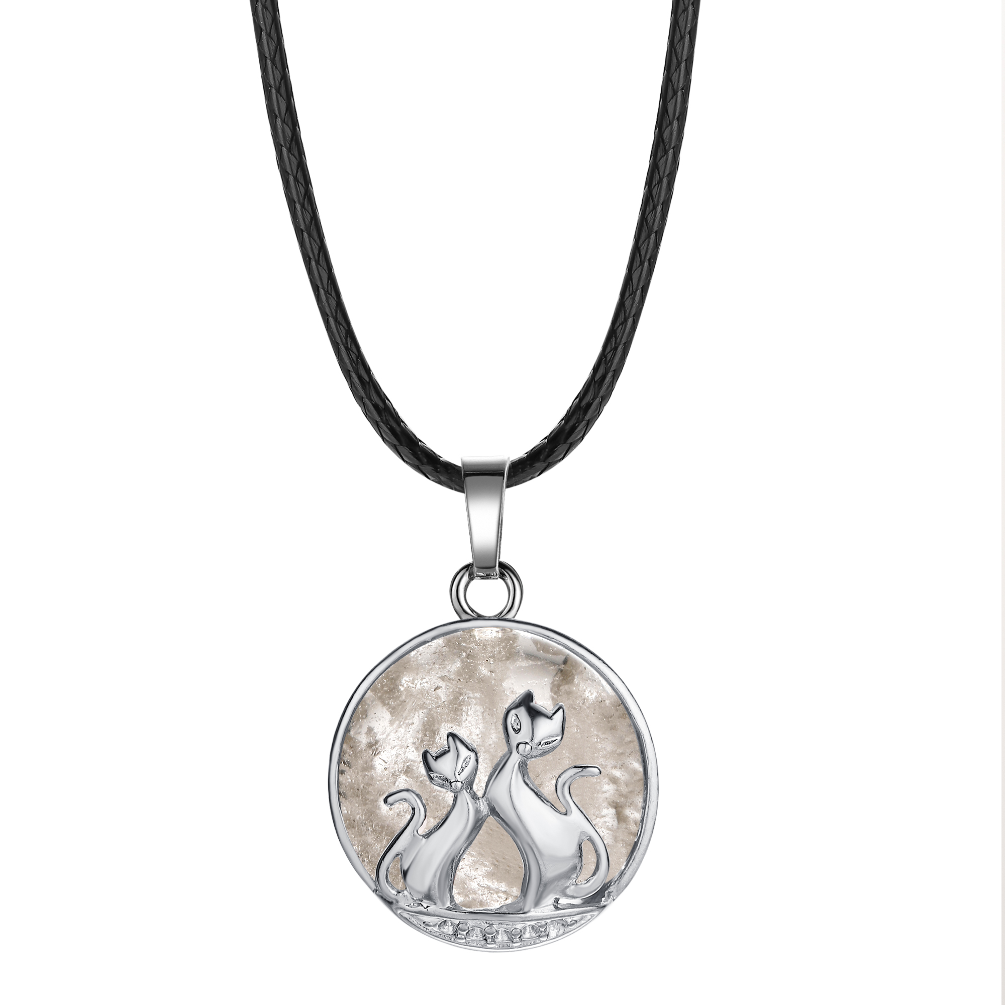 qimoshi Moon couple cat pendant men and women stainless steel healing natural stone round necklace 23x34MM12pcs (send leather rope)