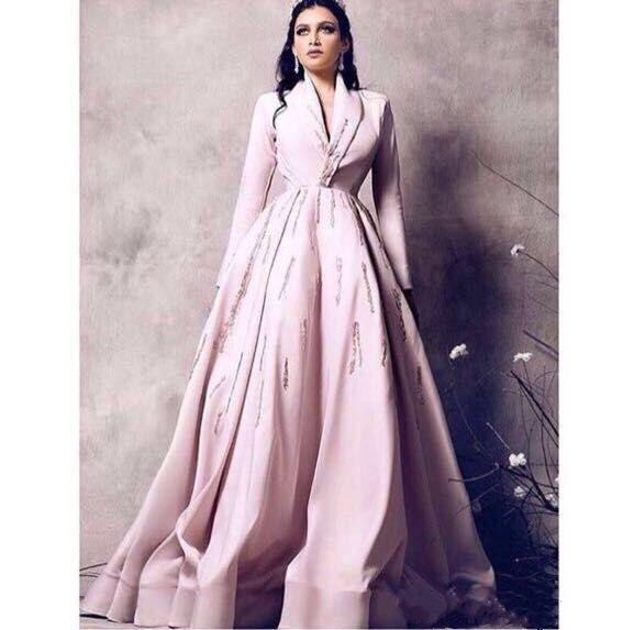 Yousef Aljasmi Pink Dresses Evening Wear 2019 Modest A Line Prom Dress with Long Sleeve V Neck Sparkly Bead Dubai Arabic Occasion Gowns