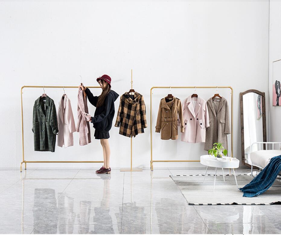 Clothing store clothes rack Gold iron men's and women's Bedroom Furniture hanging racks floor type combination cloth shop show shelf
