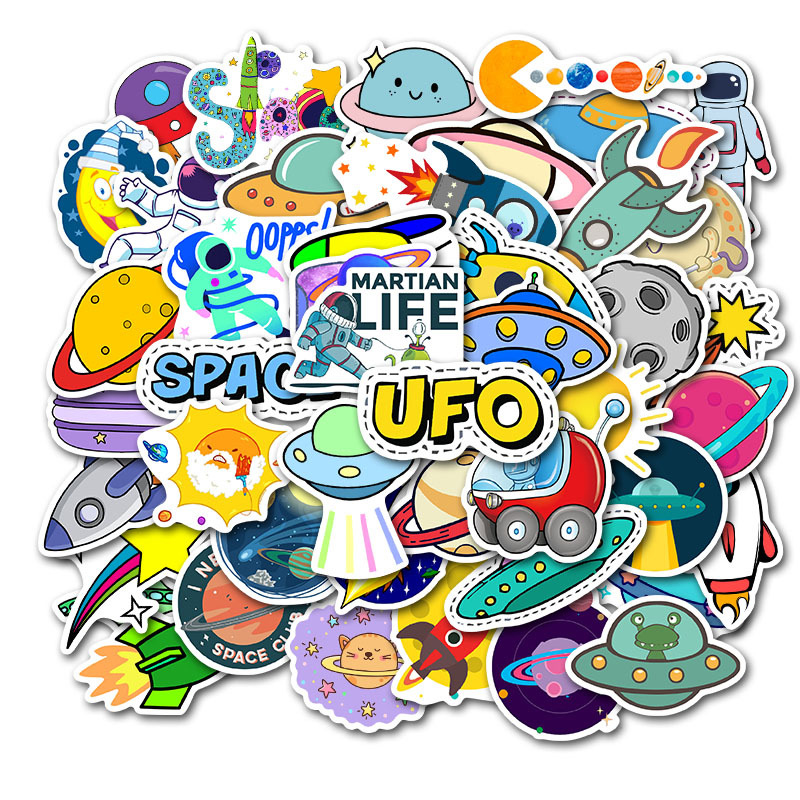 50pcs/Set Cartoon Cute UFO Sticker Pack Stationery Guitar Sticker Small Fresh Hand-Painted Celestial Planet Suitcase Stickers