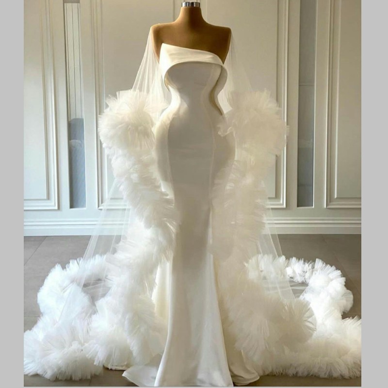 Modest Satin Mermaid Wedding Dresses with Wrap Ruffles Tulle Strapless Customize vestido de novia New Fashion Bohemia Birdal Dress