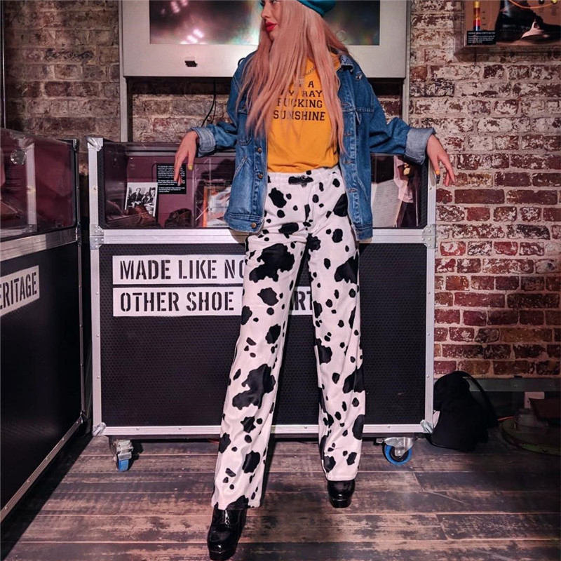 Milk Cow Print Elastic Waist Casual Straight Trousers For Women