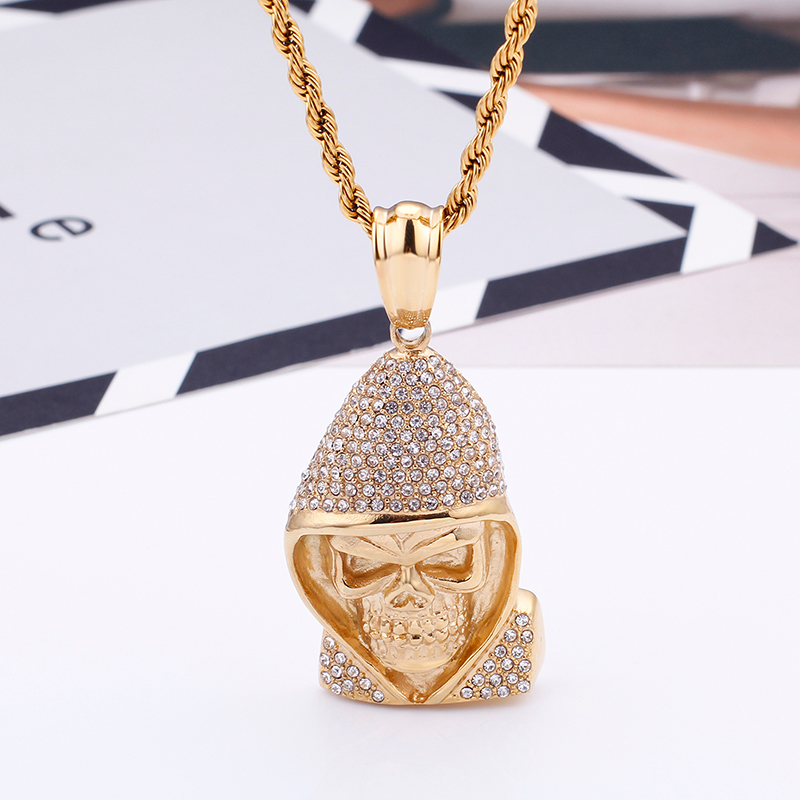 Vitage Exaggeration Skeleton Pendants Necklace Men's Hip Hop 316L Stainless Steel Cubic Zirconia Setting 18K Gold Plated Jewelry