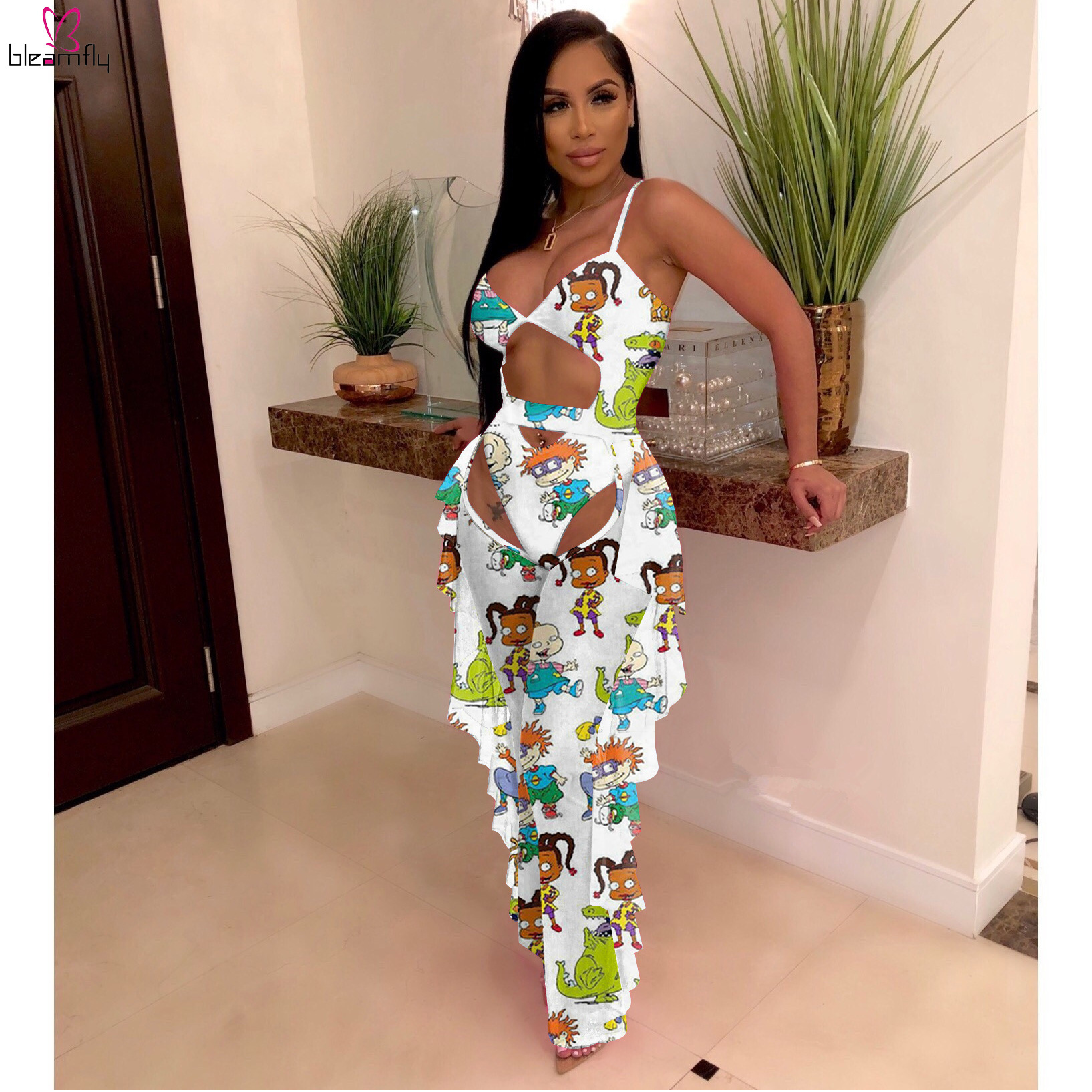 Sheer Mesh Cartoon Character Two Piece Tracksuit Spaghetti Strap Overall And Ruffles Spliced Wide Leg Pant Club Outfit