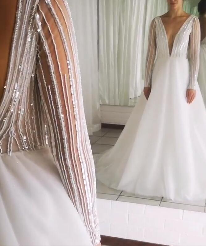 Arabic 2019 Sexy Cheap Beaded Sequins Wedding Dresses Deep V-neck Long Sleeves Bridal Dresses Backless Wedding Gowns ZJ164