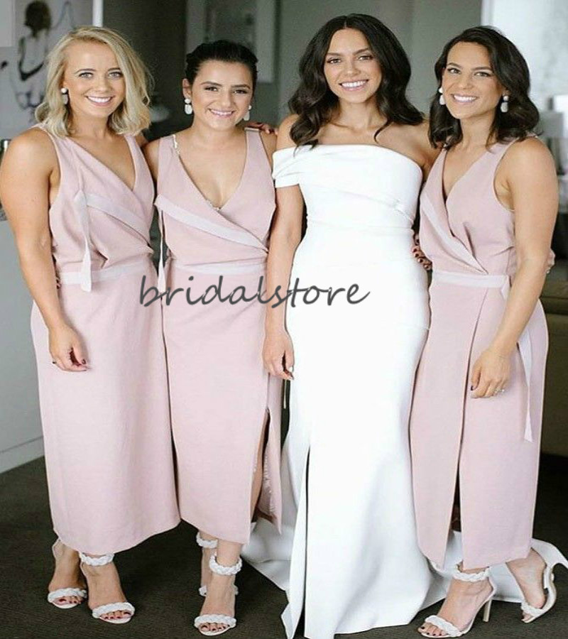 Modern Dusty Pink Bridesmaid Dresses Ankle Length Sexy V Neck Sleeveless Short Prom Party Gowns 2020 Maid Of Honor Dresses With Slit Cheap