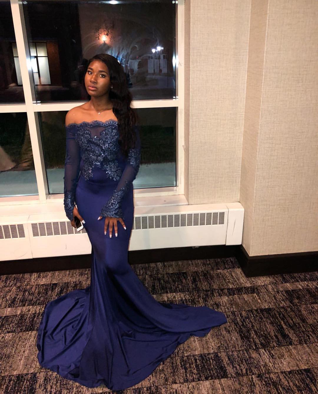 Blue Lace Navy Mermaid Prom Dresses Off Shoulder Applique Long Sleeves Sweep Train Evening Gowns Formal Dress Vestidos De Fiesta
