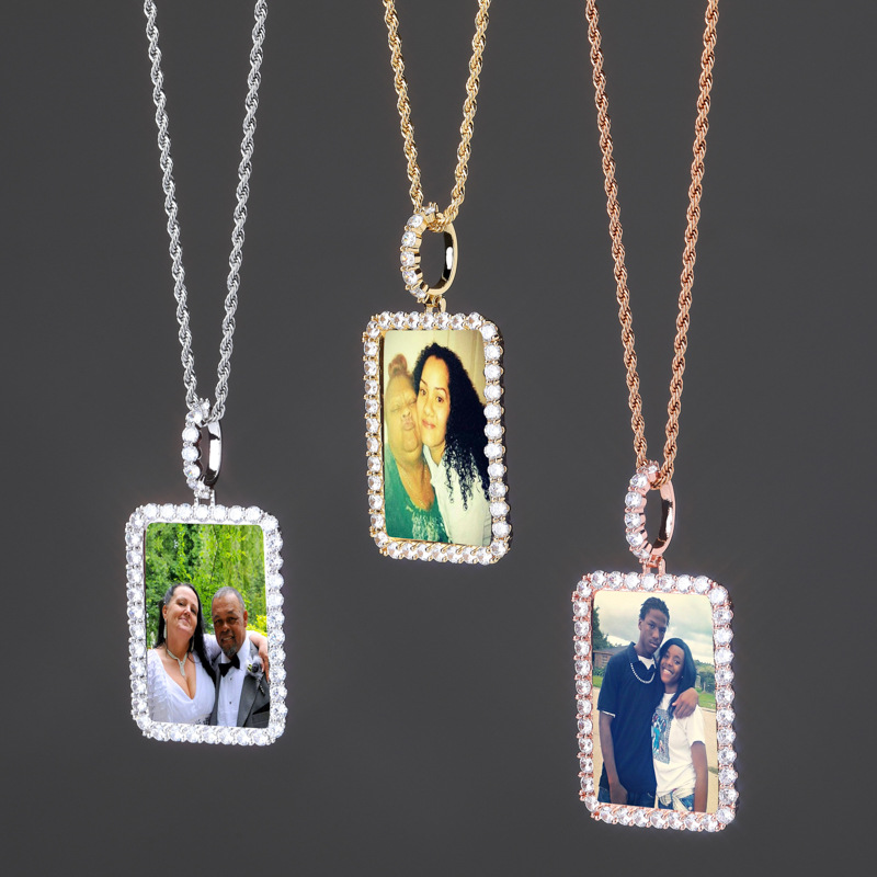 Hip Hop Memorial Square Photo Frame Medal Pendant Necklace Platinum Plated Men Women Lover Gift Couple Pendants