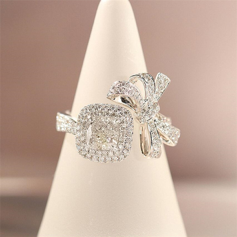 Choucong Brand New Luxury Jewelry 18K White Gold Fill Cushion Shape White Topaz CZ Diamond Gemstones Eternity Women Wedding Band Bow Ring