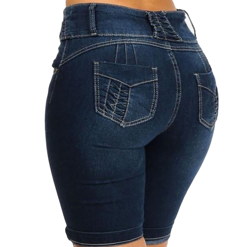 GAOKE Knee Length Denim Shorts Women Push Up Elastic High Waist Biker Shorts Jean Shorts Women Summer 2020 Black Streetwear Y200509