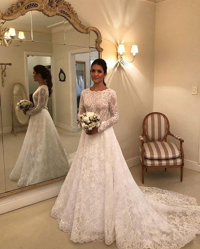 Modest Design Full Lace Wedding Dresses Long Sleeve Jewel Neck Small Bow Sash A Line Bridal Gowns Vestido De Noiva Sweep Trail