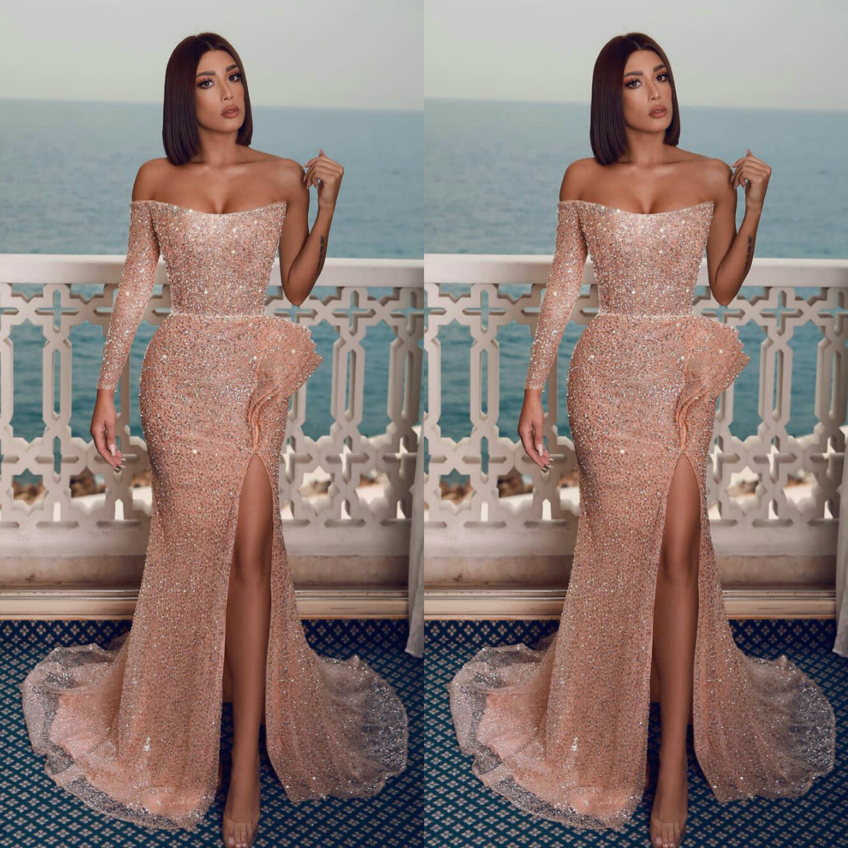 Sexy Rose Gold Prom Dresses Mermaid One Shoulder Lace Sequined robe soiree Side Split 2020 Evening Gowns