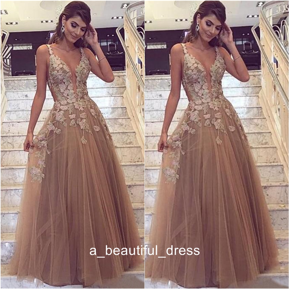 Newest Deep V-neck A-line Prom Dresses Appliques Lace up Back Evening Dresses Vestido De Fiesta Prom Gowns Special Occasion Dresses ED1182