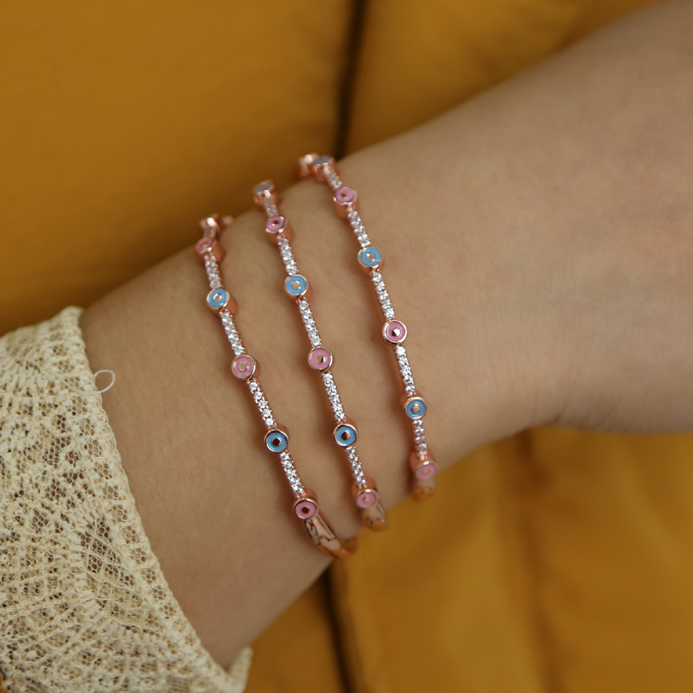 Boho Chic Enamel Evil Eye Cuff Bangle Rose Gold Plated CZ Band Bracelet for Women Fashion Jewelry Gift