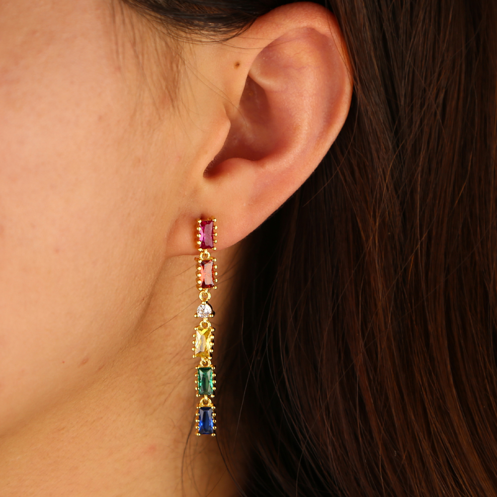 long tassel drop earring rainbow baguette cz link chain geometric fashion gorgeous women jewelry