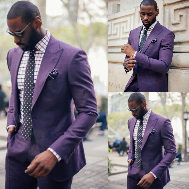 Purple Formal Mens Pants Suits Two Button Groom Wedding Tuxedos Peaked Lapel Prom Party Jackets Best Men Blazer (Jacket+Pants)
