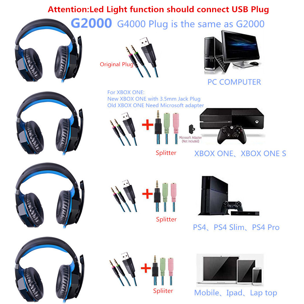 KOTION EACH G2000 G9000 Gaming Headset Big Headphones with Light Mic Stereo Earphones Deep Bass for PC Computer Gamer Tablet PS4
