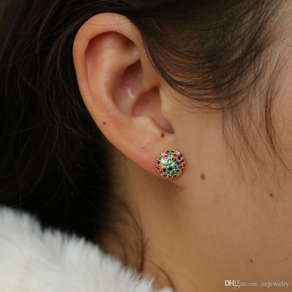 geometric ball round stud earring 2019 women fine 925 sterling silver colorful rainbow cz paved classic simple fashion jewelry