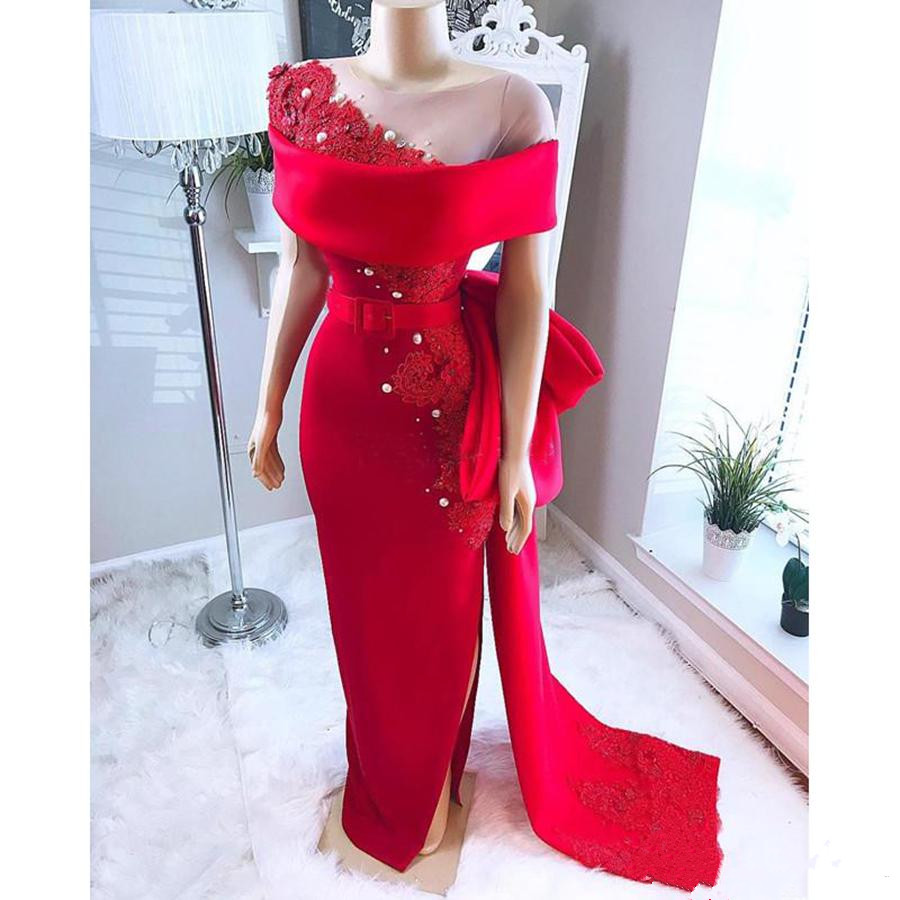 Saudi Arabic Red Prom Dresses With Sheer Neck Bow Train Beaded Pearls Mermaid Evening Gowns Satin Side Split African Formal Party Dress