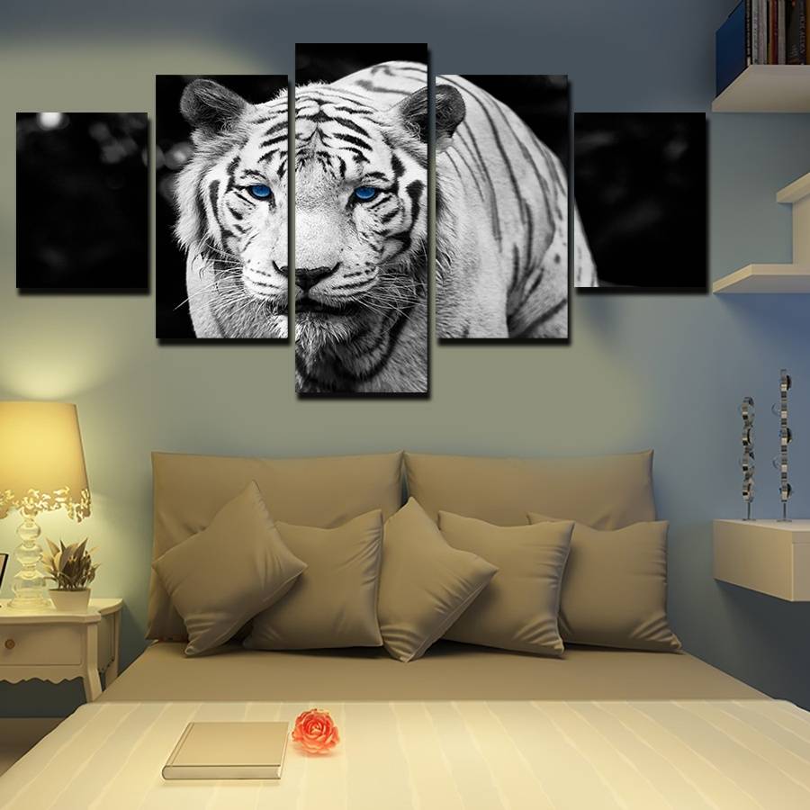 5pcs/set Unframed Walking Tiger Blue eyes Animal Painting Wall Art Oil Painting On Canvas Textured Paintings Picture Living Room