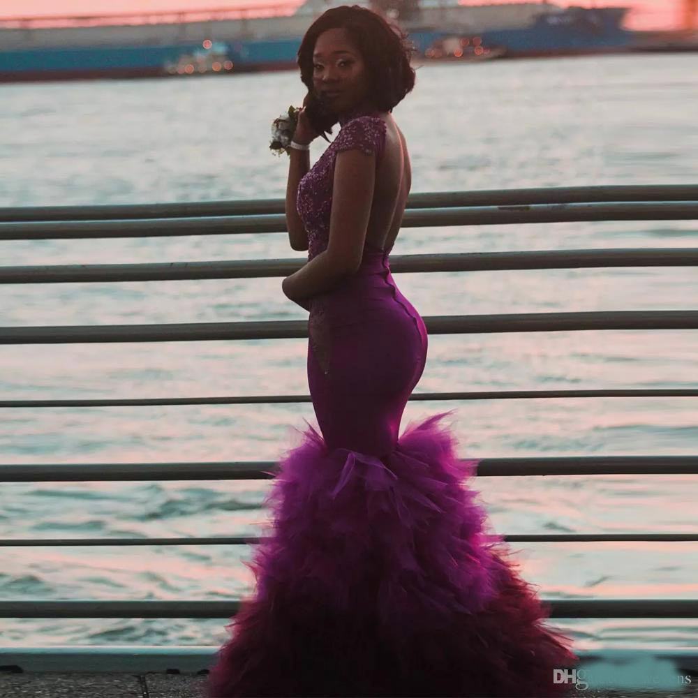 Fuchsia High Neck Mermaid Prom Dresses Backless with Appliques Sequined Party Gowns Tulle Skirt Long Evening Dress