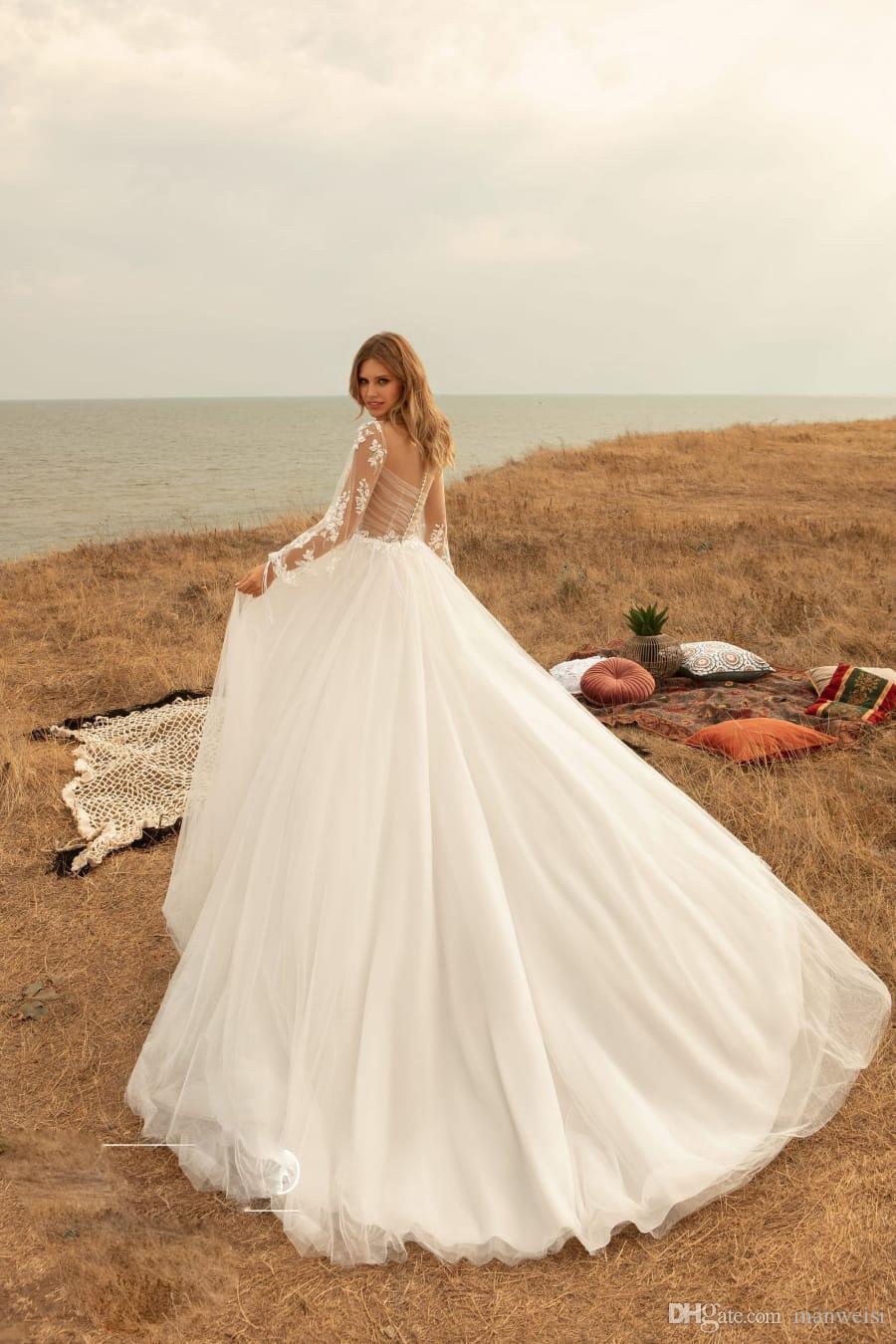 a line beach wedding dresses lace appliqued long sleeve bridal gown boho bohemian tulle wedding dress robes de marie