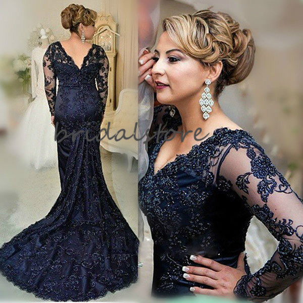 Elegant Navy Blue Mermaid Mother Of The Bride Dresses Long Sleeve Plus Size Formal Evening Dresses Lace Beaded Groom Mom Gowns 2020