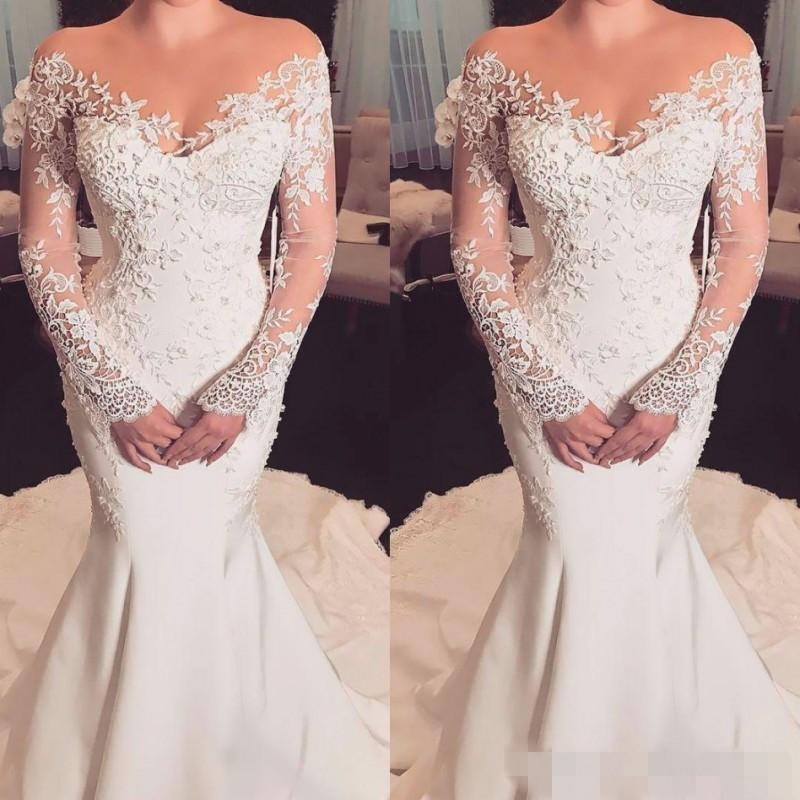 Mermaid Dresses Modest Long Sleeves Lace Applique Satin Custom Made Sheer Neck Sweep Train Wedding Bride Gown Plus Size