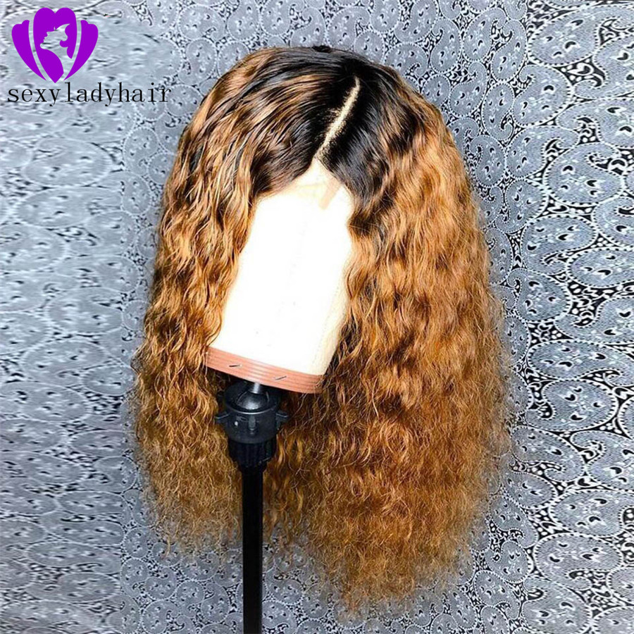 Deep part Ombre Color Kinky Curly Synthetic Lace Front Wig 180% Heavy Density Heat Resistant Fiber Long Curly full lace Wigs For Women