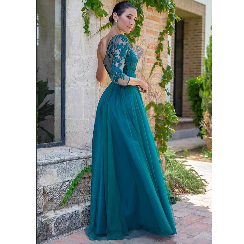 Turquoise Lace One Shoulder Evening Dress 3/4 Long Sleeve Sheer Neck High Slit Elegant 2020 New Prom Party Gown Custom Size