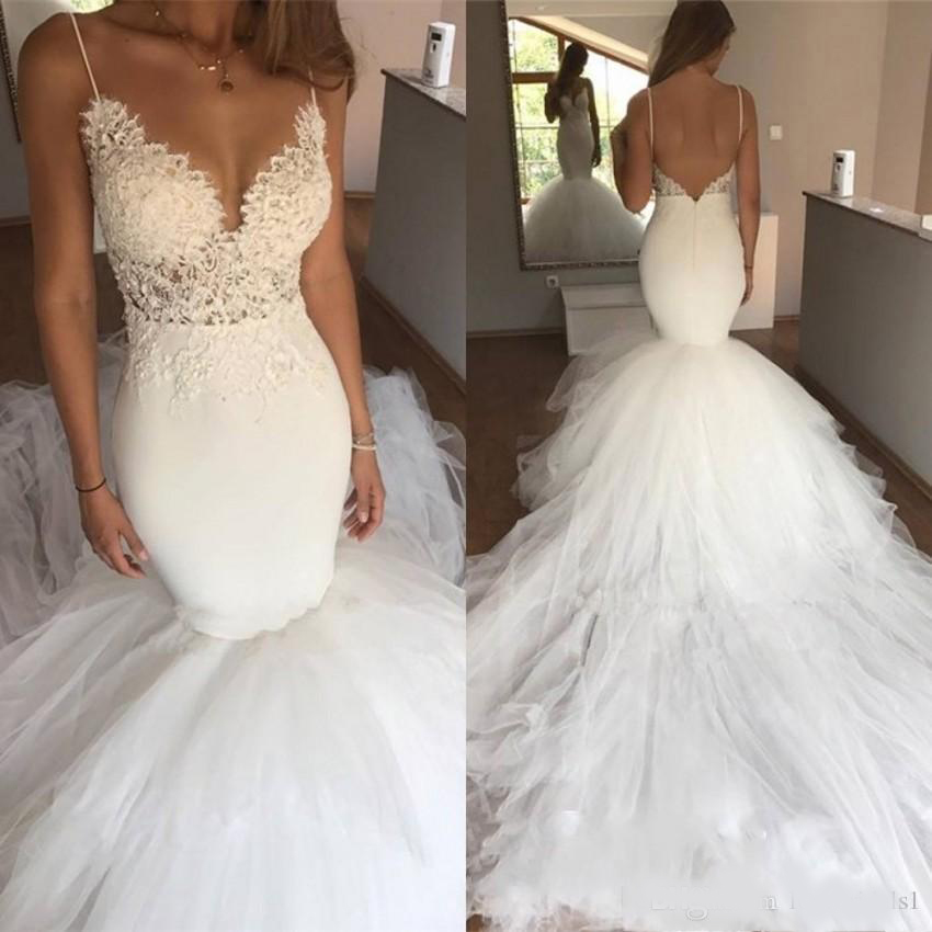 Charming Mermaid wedding Dresses Sexy Spaghetti Lace Tulle Court Train Skirt Custom Made Wedding Bridal Gown 2020 Cheap