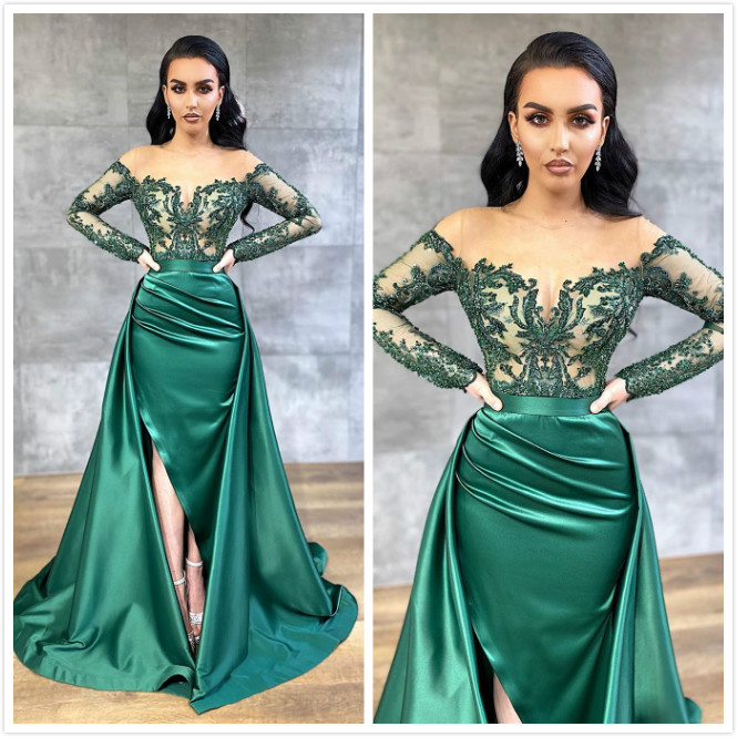 2020 Arabic Aso Ebi Hunter Green Sexy Evening Dresses Lace Beaded Prom Dresses Mermaid Formal Party Second Reception Gowns ZJ223