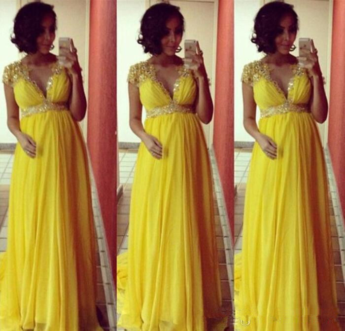 Bright Yellow Short Sleeves Chiffon Long Evening Dresses For Pregnant Maternity Women Formal Party Prom Gowns Empire Beads Crystal Sas