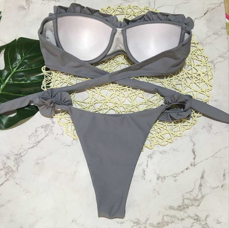 Padded Push Up Bikini Set Underwire Flower Ruffles Swimsuit For Women Sexy Solid Bandeau Female Bathing Suit 2018 Summer Biquini T191008