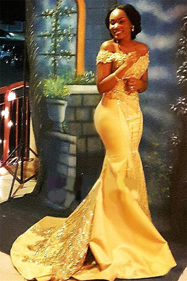African Nigerian Yellow Mermaid Prom Dresses 2020 Off Shoulders Lace Sequined Satin Evening Prom Gowns Arabic Dresses